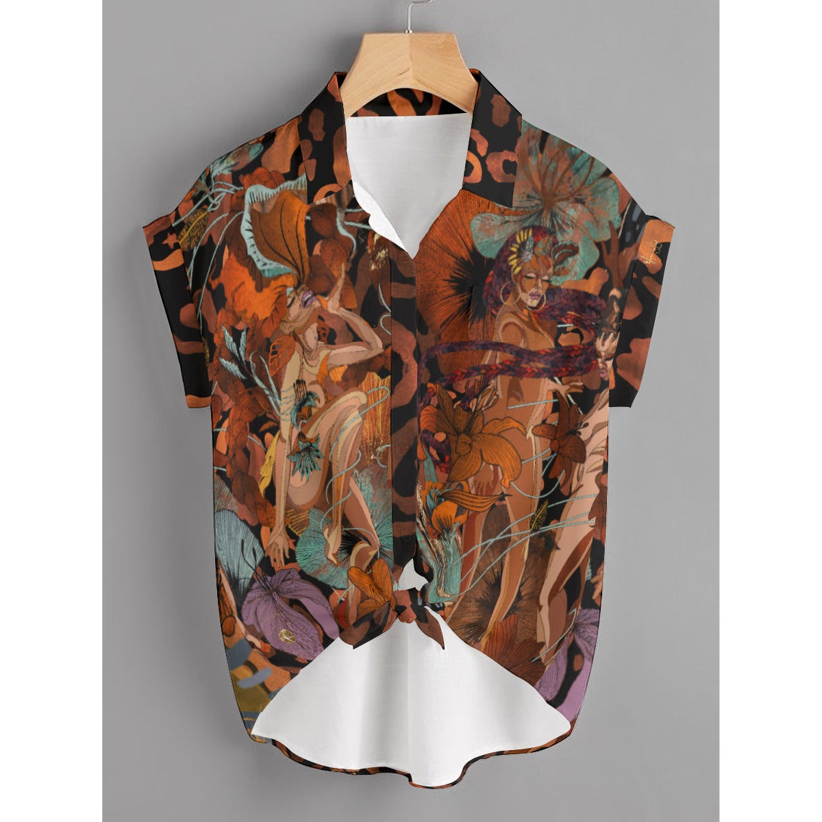 Women's Plus Size Tie-Front Cropped Chiffon Button-Up Shirt - Black Joy/ Kitty 4 Life