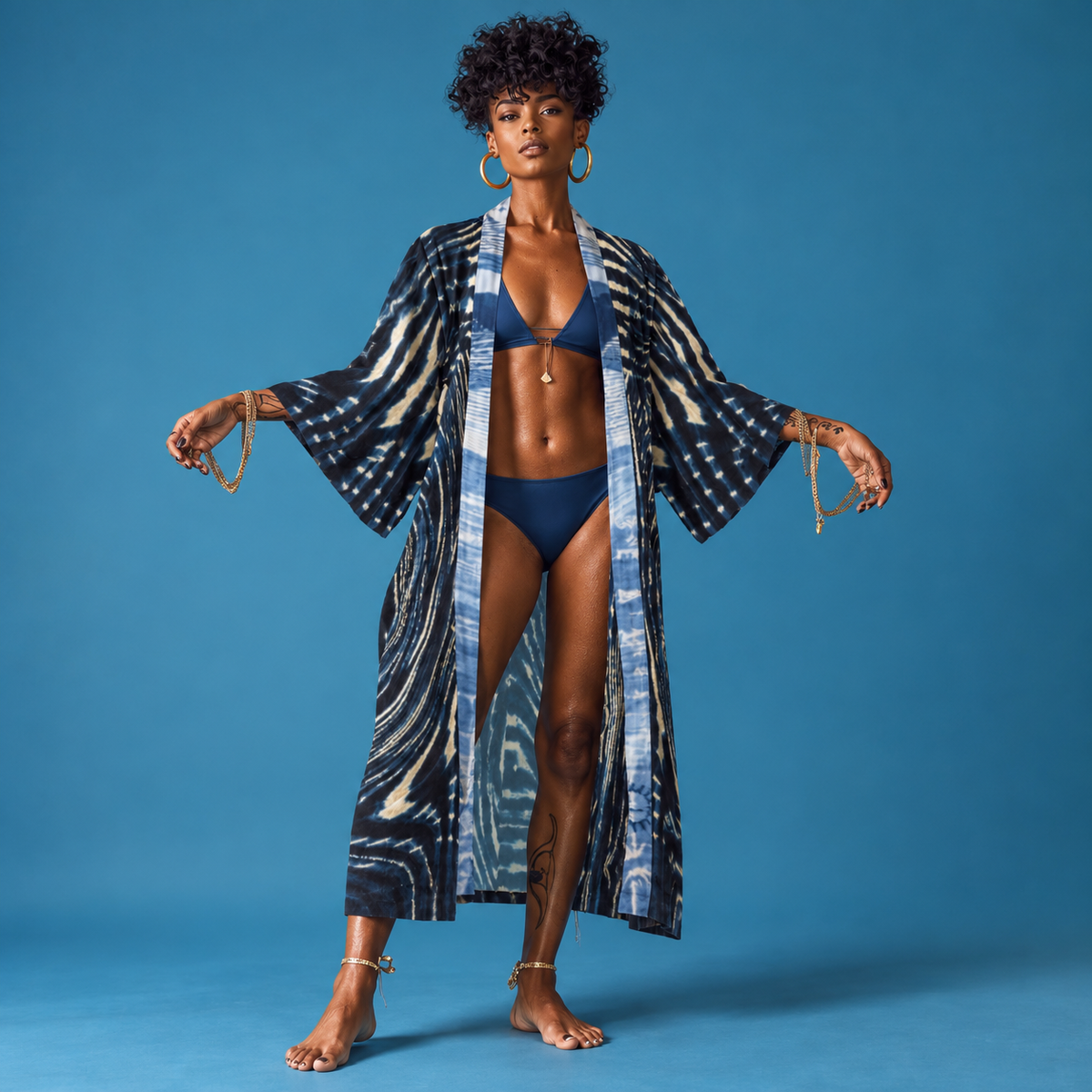 Long Satin Kimono Robe  - Mali Indigo