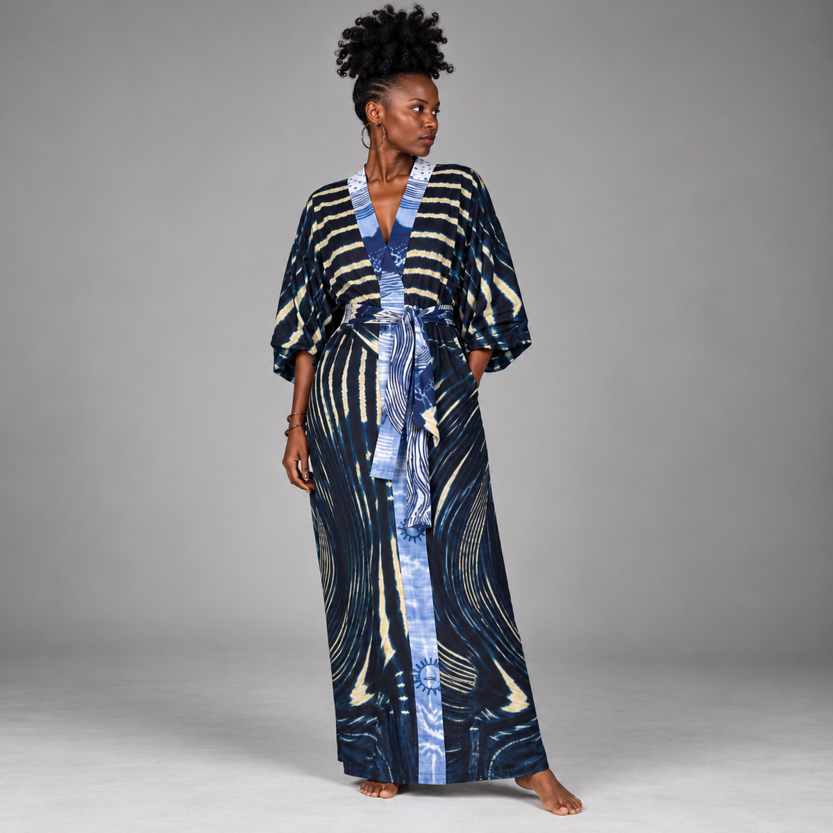 Long Satin Kimono Robe  - Mali Indigo