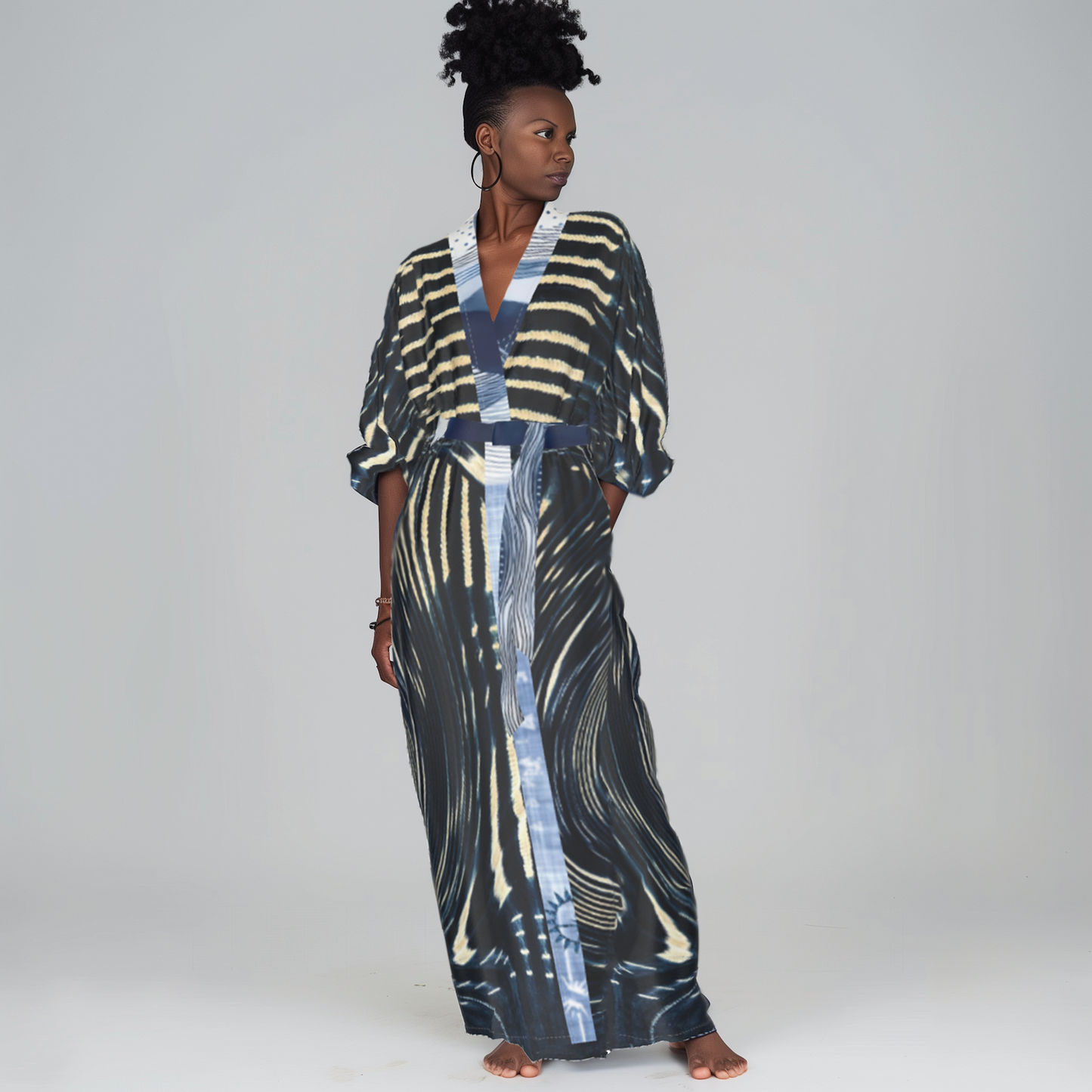 Long Satin Kimono Robe  - Mali Indigo