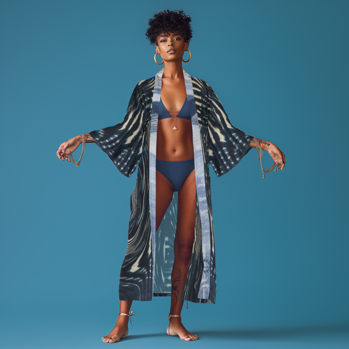 Long Satin Kimono Robe  - Mali Indigo