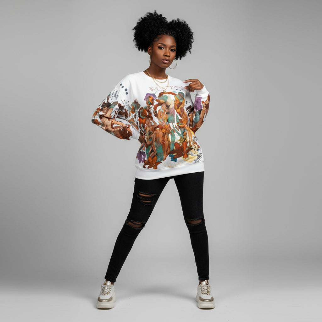 A sweatshirt with al-over printed design featuring K.Milele Black Joy art
