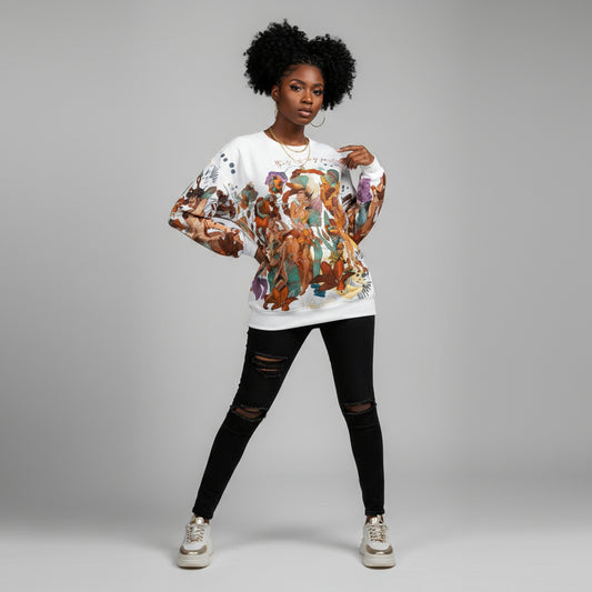 A sweatshirt with al-over printed design featuring K.Milele Black Joy art